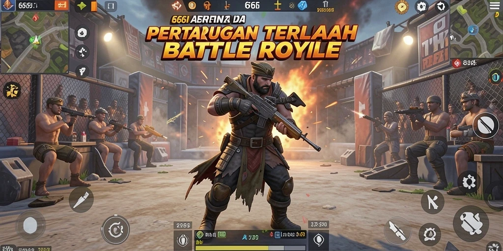 Screenshot menunjukkan pertempuran intens di arena Battle Royale.