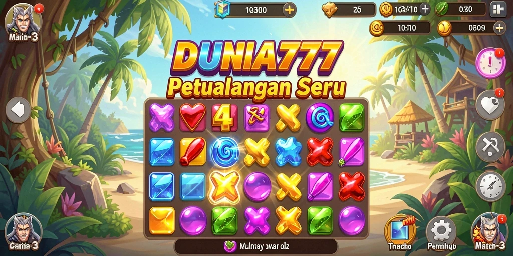 Tampilan gameplay menarik DUNIA777 dengan misi Match-3 yang seru.