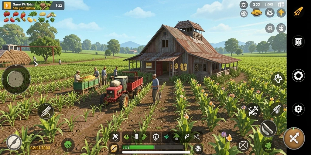 Gameplay menawan dari F32 dengan ladang yang subur dan tanaman yang beragam.