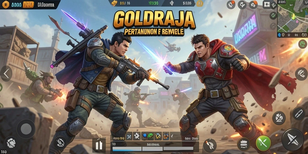 Screenshot utama GOLDRAJA menampilkan intensitas permainan Battle Royale yang seru.
