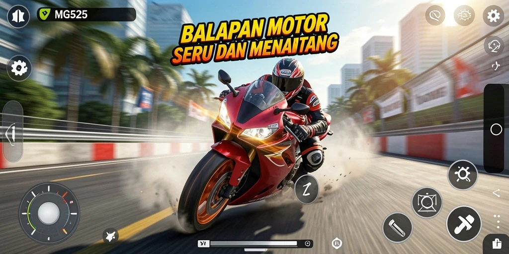 Tampilan gameplay MG525 menampilkan aksi balapan motor yang seru.