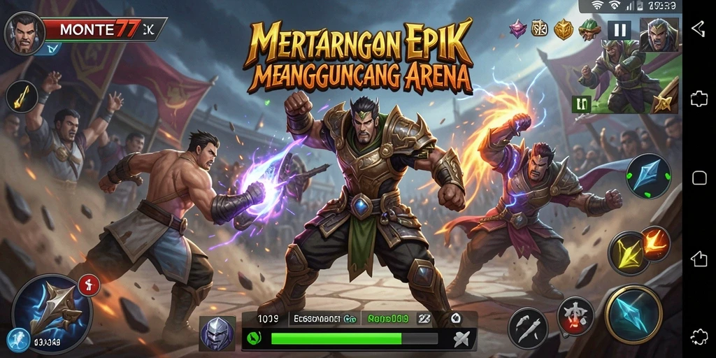 Tangkapan layar gameplay MONTE77 menampilkan aksi pertarungan yang intens.