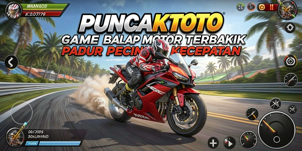 Gameplay memukau dalam PUNCAKTOTO, menampilkan balapan motor yang seru.