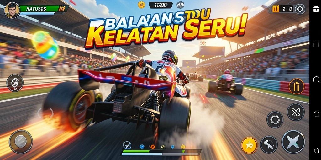 Screenshot gameplay RATU303 menampilkan balapan mendebarkan di lintasan yang menantang.